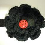 Crochet Flower Headband - Black With Ladybug..