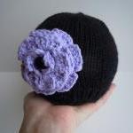 Baby Black Knit Beanie Hat With Purple Crochet..