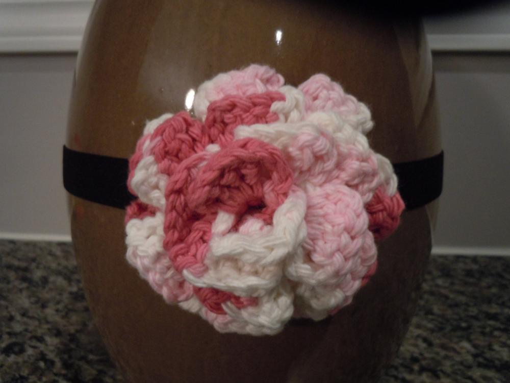 Crochet Flower Headband Multi Tone Pink & White