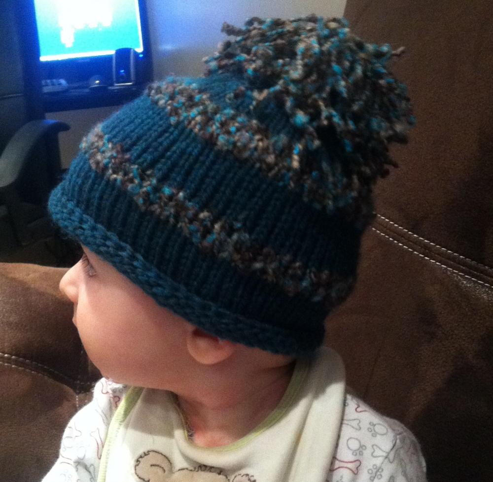 Knit Roll Brim Baby Hat With Pom Pom